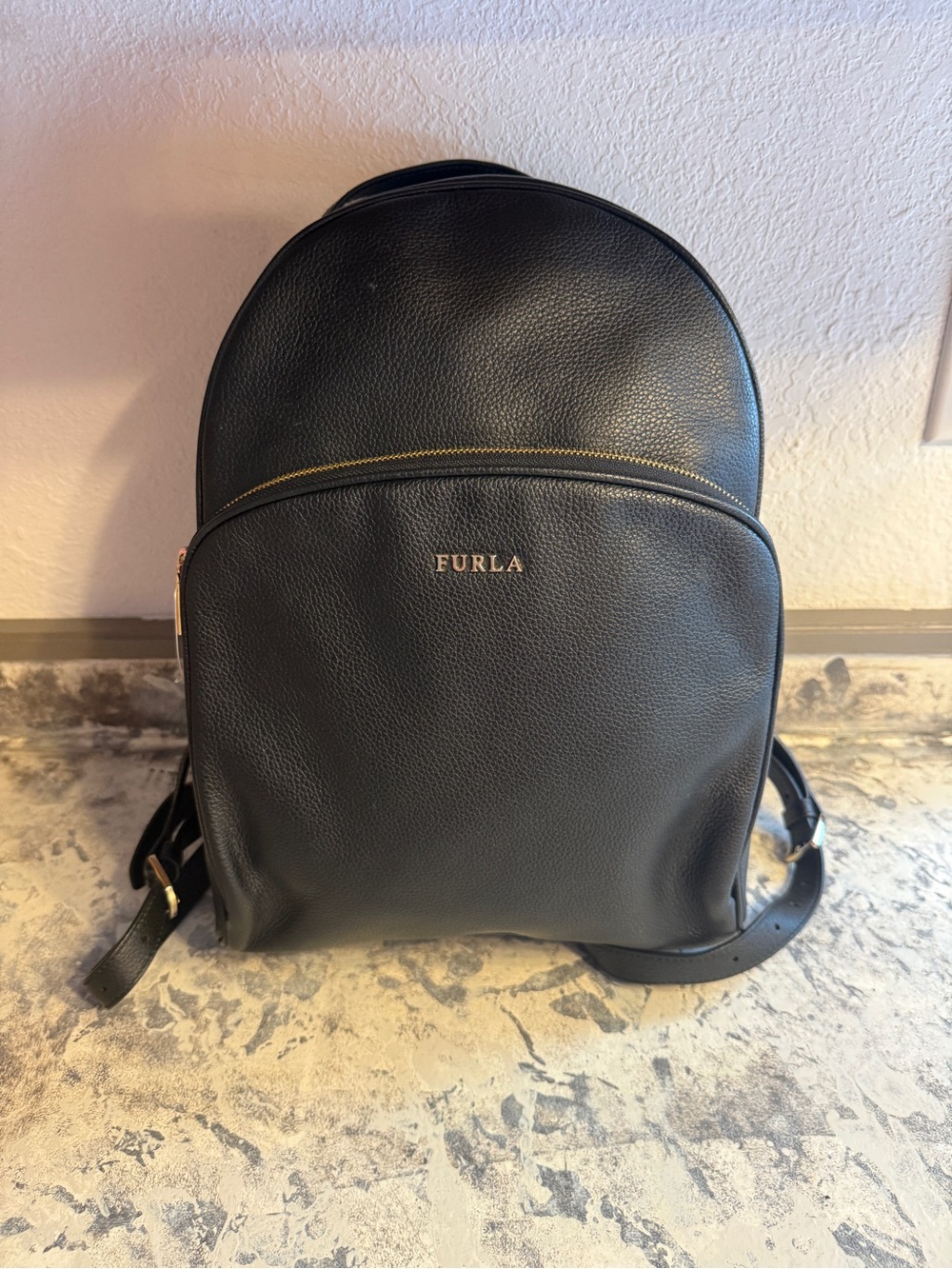 Furla Black Pebbled Leather Backpack with Gold Hardware